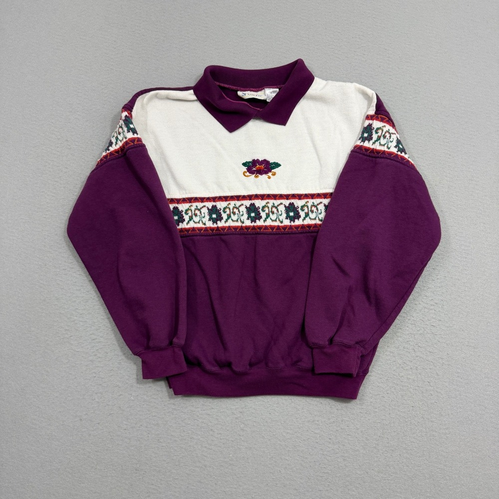 Vintage Floral Embroidered Collared Sweatshirt Womens Small Purple Grandma 90s